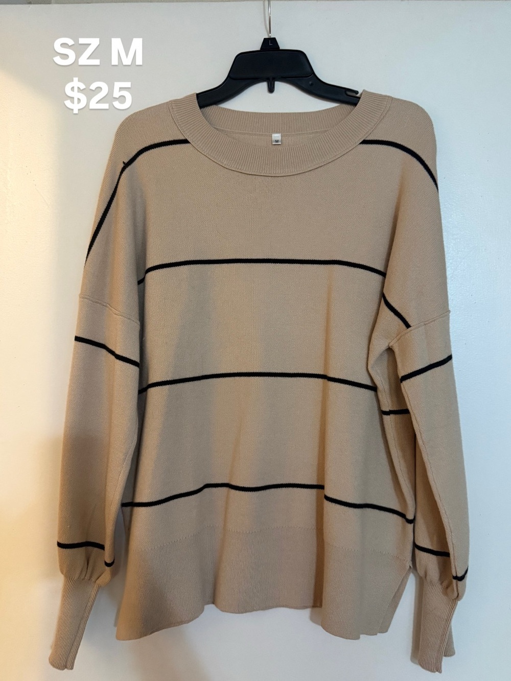 Beige & Black Striped Knit Sweater | Oversized Relaxed Fit